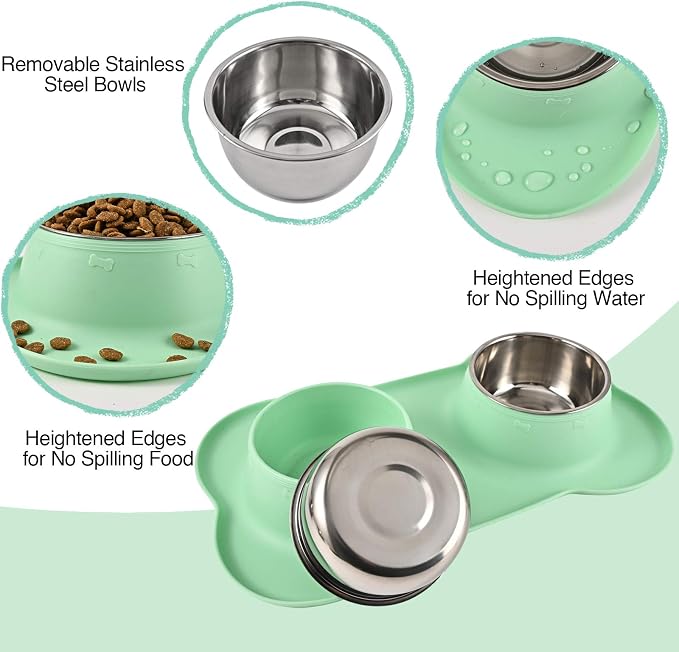 Dog Bowls 2 Stainless Steel Bowl for Pet Water and Food Feeder with Non Spill Skid Resistant Silicone Mat for Pets Puppy Small Medium Cats Dogs