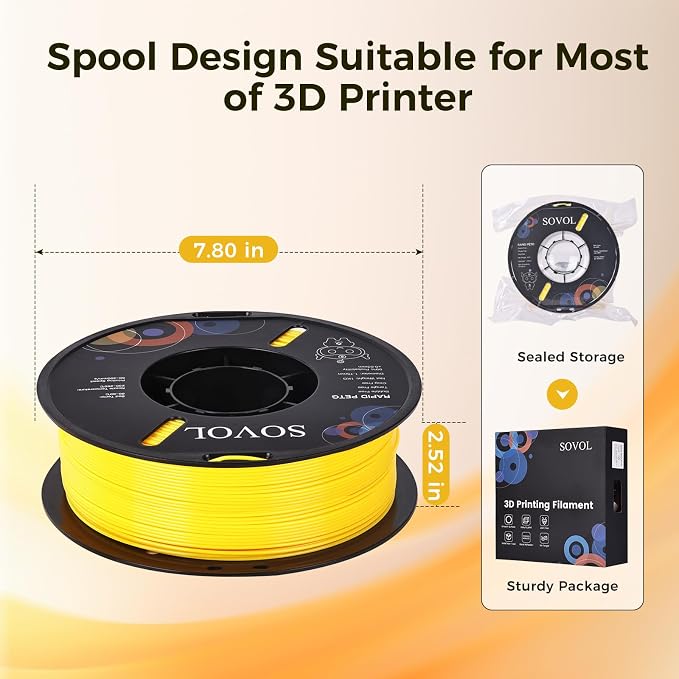 Sovol 3D Printer Rapid PETG Filament 1.75mm 1KG (2.2lbs), High Precision, Strong Toughness, Wiring Tightness, Dimensional Accuracy +/- 0.03 mm, 3D Printing High Speed PETG Filaments, Yellow