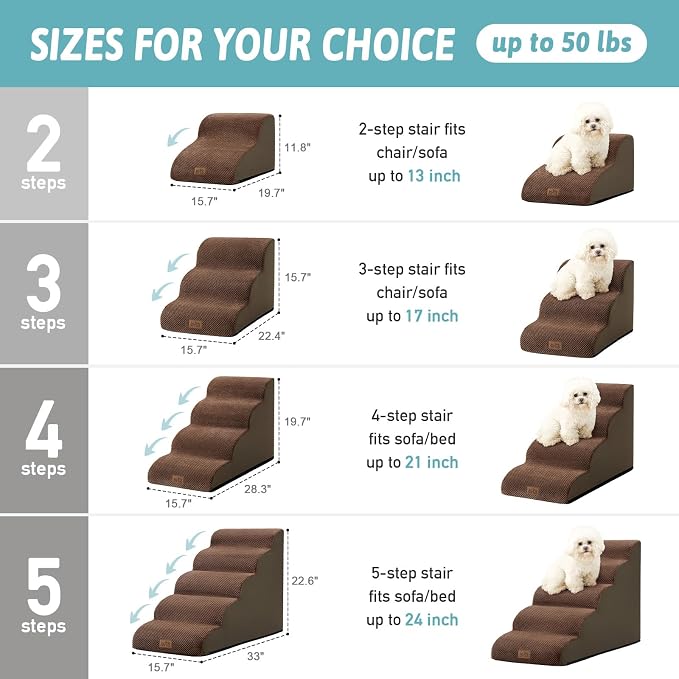 COZY KISS Dog Stairs for Small Dogs 19.7" H, Curved Dog Step for Puppy, Older or Cat, Medium Pet Ramp for Sofa, Couch or Bed, Ladder with High Density Foam, 4 Step, 15.7x28.3x19.7 inch, Brown