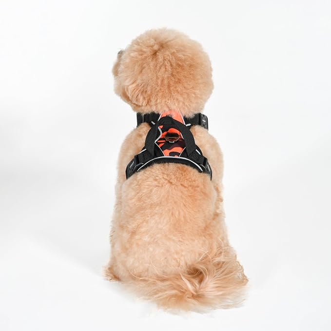 Puppia Battle Dog Harness H Sturdy Adjustable Neck and Chest Reflective Camouflage Pattern Front and Back D-Ring for Small and Medium Dogs, Orange, Small