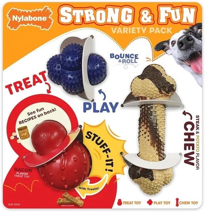 Nylabone Tough Dog Chew Variety Pack, 3 Count | Long-lasting nylon satisfies aggressive chewers, promotes dental health, reduces destructive behavior,vet-recommended