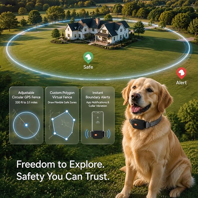 GPS Dog Collar, Wireless Pet Fence & GPS Pet Tracker Blue | GPS dog collar with app control, wireless pet fence, virtual boundaries, real-time tracking and activity monitoring，no fee.