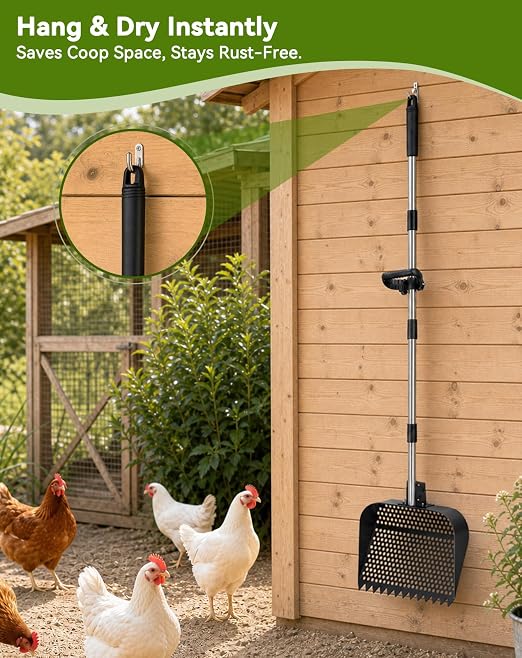 2-in-1 Chicken Poop Scooper & Rake, 12" Wide Metal Chicken Coop Scooper, 3-Way Adjustable Head, 39/51/67" Long 304 Stainless Steel Handle & Gloves, Non-Stick Sand Sifting Shovel for Backyard Farm Barn
