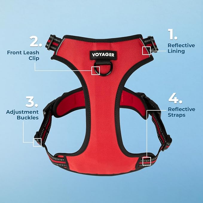 Voyager Dual Attachment No Pull Harness - Red, Large | 25-30" in Chest, No Pull Dog Harness, Fully Adjustable, 3M Reflective Technology, Front & Back D-Rings, Walking & Training