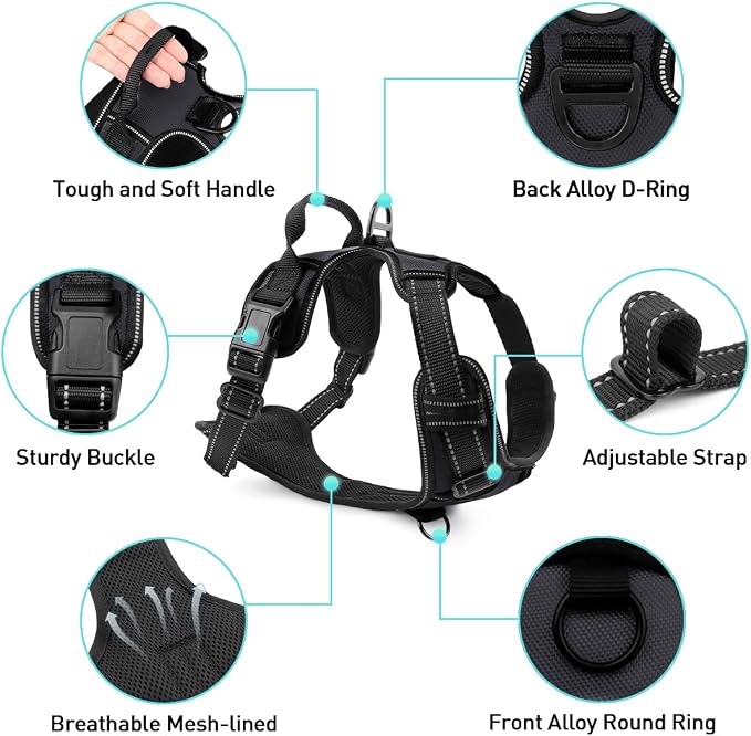 5FT Double Handle Dog Leash for Training and Dog Harness (Chest: 14-28"), Reflective Leashes for Medium Dogs and Adjustable Soft No Pull Harness (Black,M)