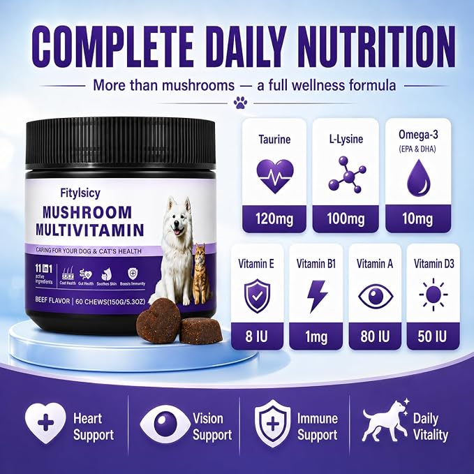 Mushroom Supplement for Dogs & Cats, 11-in-1 Pet Multivitamin Soft Chews, 13 Organic Mushrooms with Glucosamine, Chondroitin, MSM & Omega-3, Immune, Gut, Joint, Skin & Coat Support, Beef, 60 Count