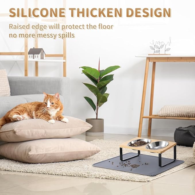 2 Pack Elevated Cat Bowls with Food Mat,15°Tilted Stand Anti Vomiting Raised Cat Dishes for Food and Water,2 Stainless Steel Bowls for Cats and Puppy