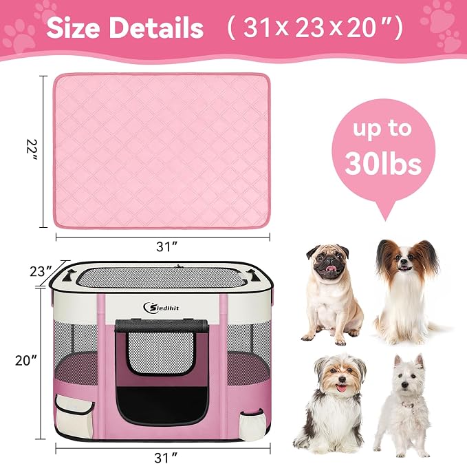 Dog & Cat Playpen with Carrying Case, Medium, Pink with Pad