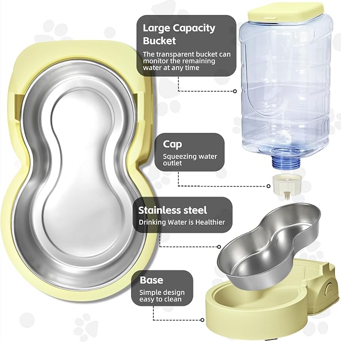HWONMTE Portable Automatic Cat Feeder and Water Dispenser with Stainless Steel Bowl Dog Gravity Food Feeder and Waterer for Small Medium Pets Puppy Kitten 1 Gallon x 2 (Cream Yellow)