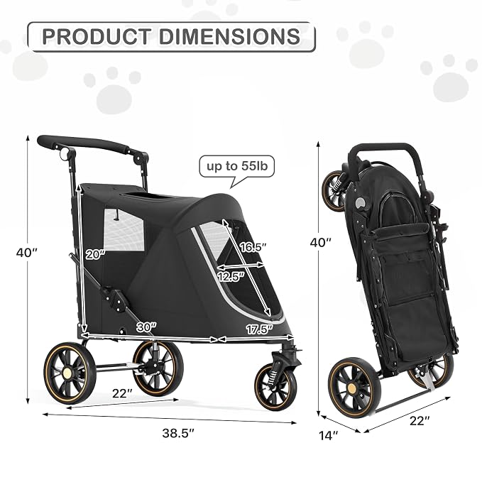 MoNiBloom 3-Wheel Pet Stroller for Large Dogs - Black, up to 55lbs, Dual Entry