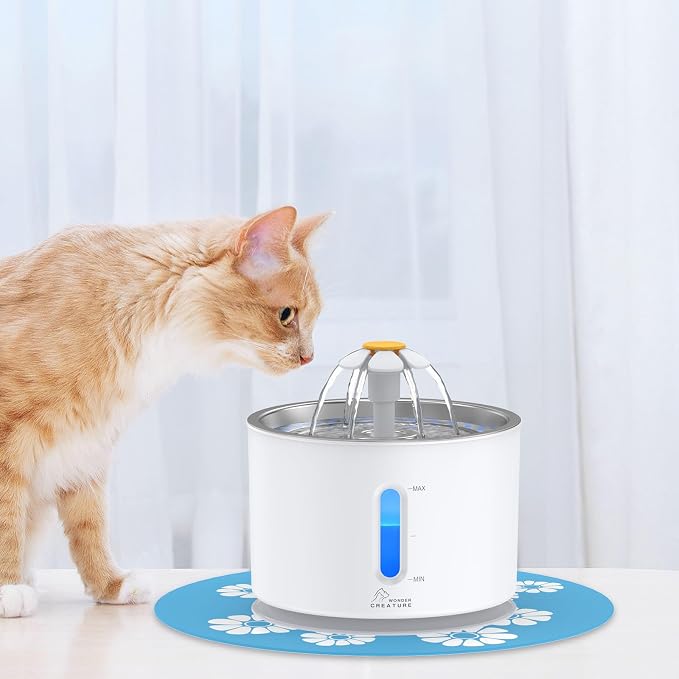 Wonder Creature Cat Water Fountain Stainless Steel, 81oz/2.4L Cat Fountain with Water Level Window and LED Light for Water Shortage Alert, Cat and Dog Fountain with 3 Filters and 1 Mat