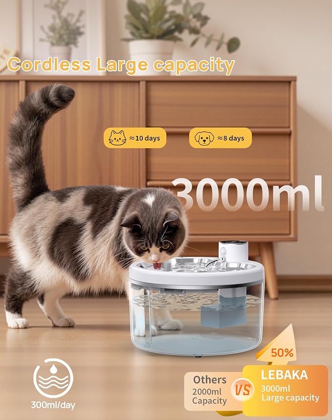 Wireless Cat Water Fountain [with Stainless Steel Tray], 102oz/3L Pet Fountain for Cats Inside, Cat Fountain for Drinking with Motion Sensor, Ultra Quiet for Small Animals-[BPA-Free] (102oz+2Filters)