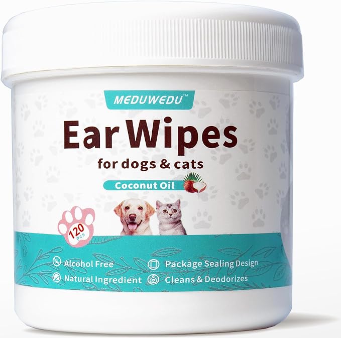 MEDUWEDU Ear Cleaner Wipes 120 Counts, Dog Ear Cleaner, Grooming Kit Care for Dogs and Cats, Soft & Easy Otic Cleaning Pads, Remove Wax, Dirt & Stop Smelly, Itchy, Non-Irritating, Coconut Scent