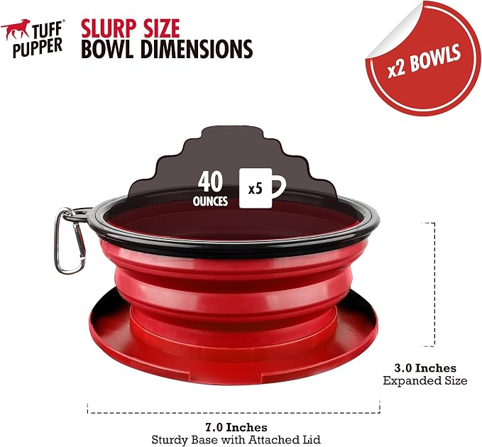 Tuff Pupper SuperBigSlurp Collapsible Dog Bowls, Two Pack, Red, 40oz