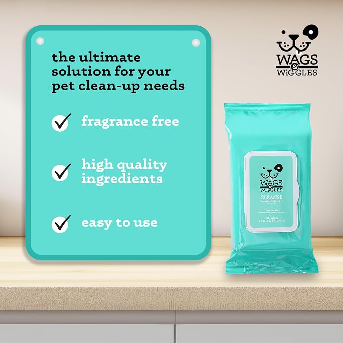 Wags & Wiggles Hypoallergenic Dog Wipes for Sensitive Skin, Fragrance Free Waterless Cleansing Towelettes for Paws Face Body & Rear, No SLS DEA Parabens, 100 Count - 2 Pack