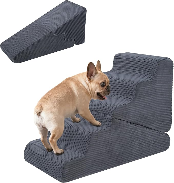 Dog Ramp for Bed, 23" H Dog Stairs for High Bed, 2 in 1 Pet Steps for Small Dogs, 5-Step Foldable Transformable Large Cats Ramp to Get on Couch, Non-Slip Balanced, Grey