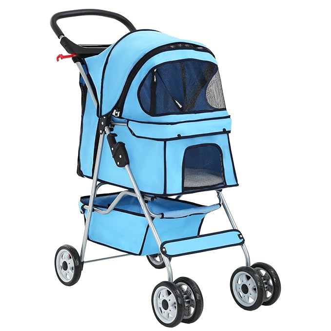 BestPet 4-Wheel Pet Stroller - Blue, Travel Folding Carrier 04T