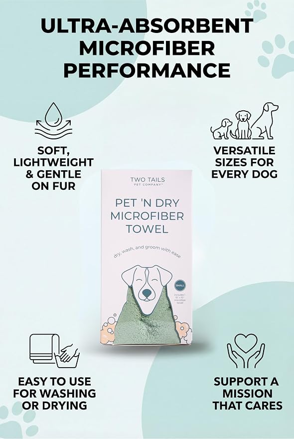 Two Tails Pet Company Pet N’ Dry Microfiber Bath Towel, Absorbent Dog Towels for Drying or Washing Paws, Faces, or Small Dogs, Soft and Lightweight, Fast Drying, Grooming Dog Supplies, Size Small