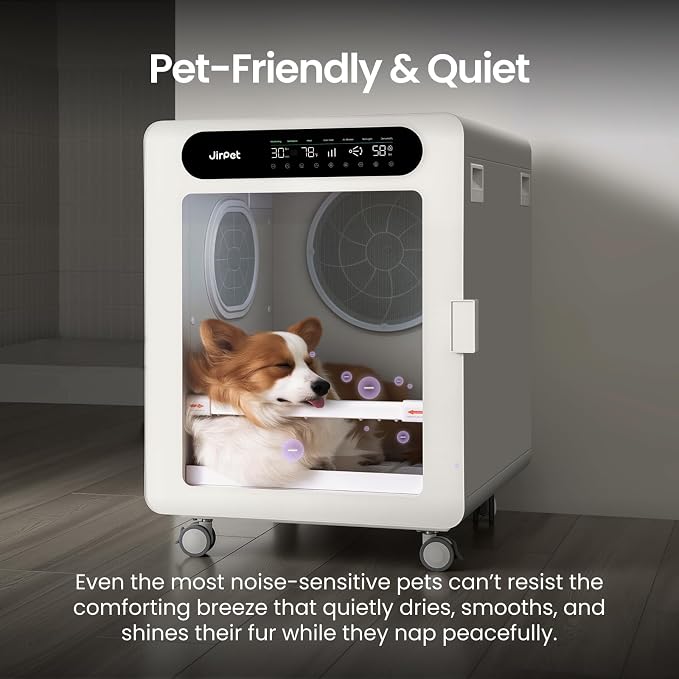 JirPet Pet Dryer Box, 170L Professional Dryer Cabin with Multi-Layer Safety | 3 DC Motors with 1295 CFM Airflow, Pet-friendly 56dB Low Noise, Auto Temp & Humidity Control, Efficient Drying for Medium Dog
