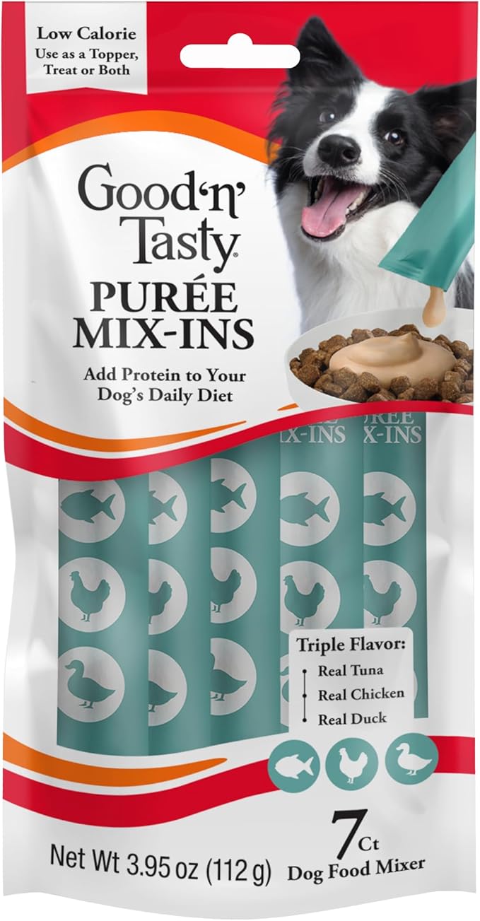 Good 'n' Tasty Triple Flavor Puree Mix-Ins Dog Food Topper Treats for All Dogs, 7 Count, Easy Single-Serve Portions, Added Protein with Tuna, Chicken and Duck