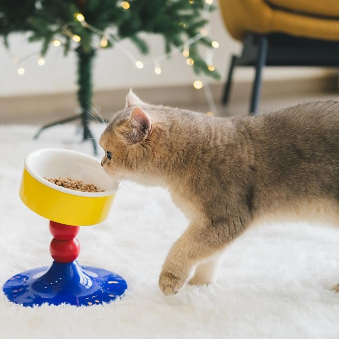 Elevated Raised Cat Pet Bowls - 15°Tilted 3 Heights Adjustable Indoor Cats Food Dish Stand, Cute Pet Water Feeder Ceramic Bowl, Neck Whisker Friendly & Anti-Vomiting Non Slip Kitten Puppy Supplies