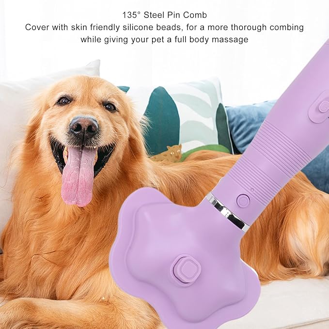 Pet Hair Dryer with Slicker Brush, 2 in 1 Quiet Dog Blower Grooming Dryer, 3 Speed Settings & Adjustable Temperature, Home Grooming Furry Drying for Small Large Cat Dog (US)