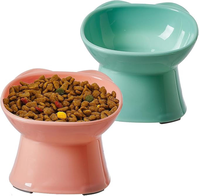 KSIA Klear Elevated Cat Bowls 2 Pack, Tilted Raised Cat Bowls for Indoor Cats, for Food and Water, 4.72" Wide, Whisker Friendly Anti Vomit for Indoor Cats, Microwave and Dishwasher Safe, Pink&Green