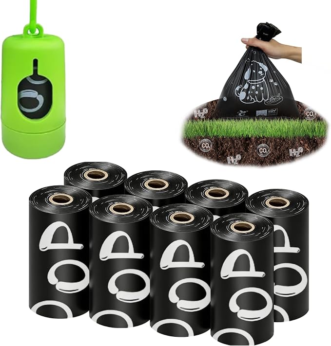 100% plant-based Dog Poop Bags Rolls, ASTM D6400 & EN 13432 Compliant, 120 waste bag including dispenser, 13 in × 9 in black poop bags for dogs, Super thick 100% leak proof