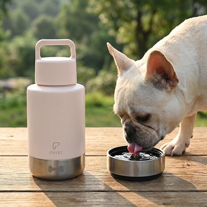 Dog Water Bottle 32oz, Insulated Stainless Steel Travel Water Dispenser with 2 Detachable Dog Bowls for Food and Water, Leak Proof Portable Pet Drinking Cup for Walking Hiking Camping