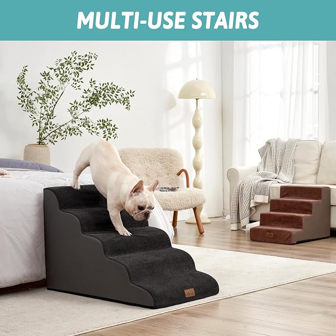 COZY KISS Extra Wide Dog Stair for Small Dog, 5 Step Pet Ramp for Bed | Curved Stable Dog Step for Puppy, Older Cat, Senior, Medium, Short-Legged Dog, Non-Slip Ladder for High Bed, 22.4" H, Black