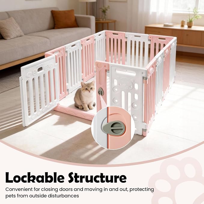 Dog Playpen, Large Pet Playpen with Cute Patterns & 1 Door & 11 Freely Combinable Panels Dog Fence Large Crate for Pets Pet Safety Fence Pet Essentials for Small/Medium Dogs (Pink & White)
