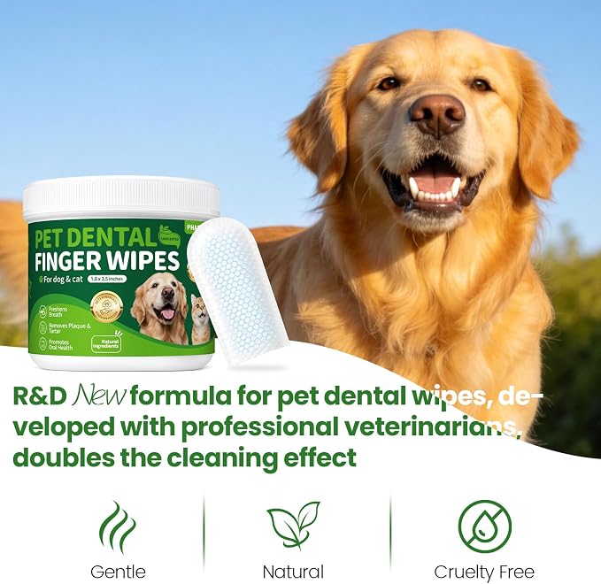 Dog & Cat Tooth Brushing kit - 60Ct Dog Toothbrush & Toothpaste Alternatives, Dental Care Wipes, Heavy Duty Teeth Cleaning, Remove Tartar & Plaque, Breath Freshener