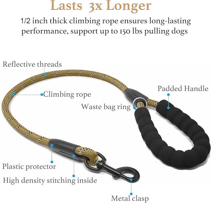 iYoShop Double Dog Leash, 360° Swivel, No Tangle, Large, 25-150 lbs, Khaki | Dual Leash for Two Dogs, Split Leash, Shock-Absorbing Bungee, Padded Handle, Heavy-Duty Rope