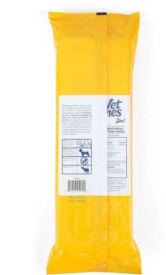 Wet Ones for Pets Multipurpose Dog Wipes with Aloe Vera, Tropical Splash Scent - Extra Large Pet Bathing Wipes with Wet Lock Seal for Paws and All-Over Use, 10 Count