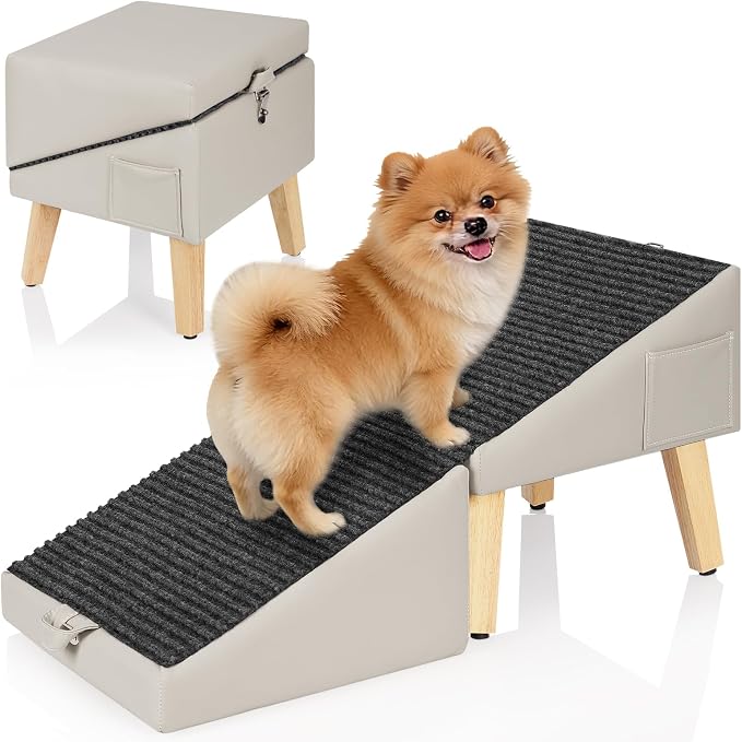 2-in-1 Foldable Dog Ramp for Couch and Bed, 14.4" H Dog Ramps for Small Dogs and Cats, Wooden Pet Stairs with Non-Slip Mat & Side Pockets, Split Ottoman Pet Ramp Steps for Medium Dogs, Puppy