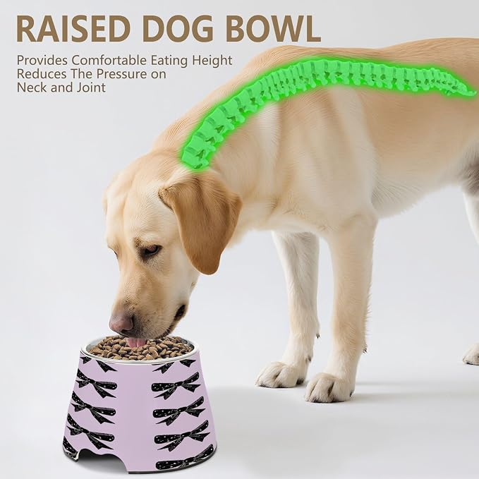 Blueangle Elevated Dog Bowls with Stainless Steel - Non-Slip 2.3 Cup High Capacity Pet Dish for Spinal Health & Black Bows Design（283）