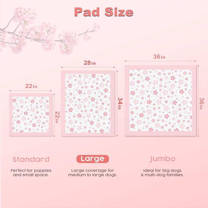 MIZOK Dog Pee Pads Extra Large 28"x34", Potty Pads for Big Dog Breeds, Super Absorbent & Leak-Proof, Pink Cherry Blossom Prints, Thick & Heavy, 4-Corner Adhesive Tabs, XL (50 Counts)