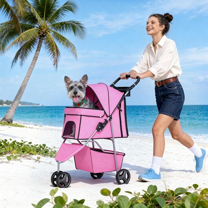 BestPet 3-Wheel Pet Stroller - Pink, Breathable Mesh