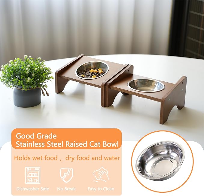 Elevated Stainless Steel Raised Food and Water Bowls, 15 Tilted Anti Vomiting, Dishwasher Safe, Non-Slip, Suitable for Cats and Puppies (Brown) - 2 Pack