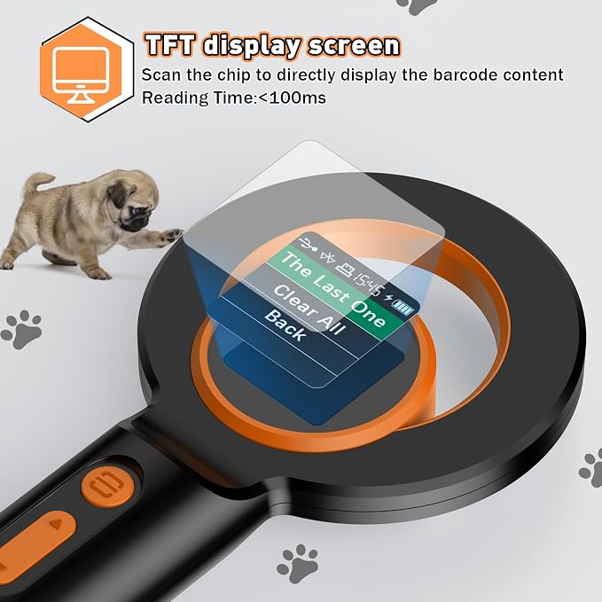 Symcode Pet Microchip Scanner RFID EMID Micro Chip Reader with 1.44IN TFT Display 134.2kHz 125kHz 15 Digits Pet Chip ID Scanner with Delete History Data Function