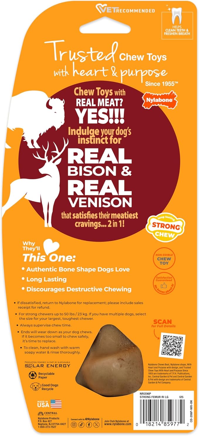 Nylabone Strong Chew Femur Bone Dog Toy, Dog Bone for Aggressive Chewers | Dog bones for large dogs and strong chewers, long-lasting chew toy made with real bison & venison