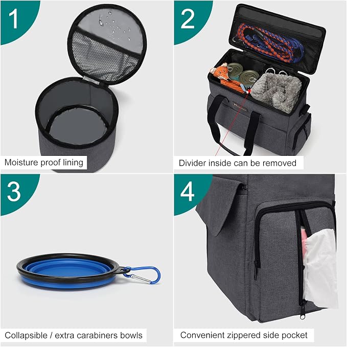 Modoker Airline Approved Pet Travel Bag Weekend Set with Food Containers & Bowls, Dark Gray