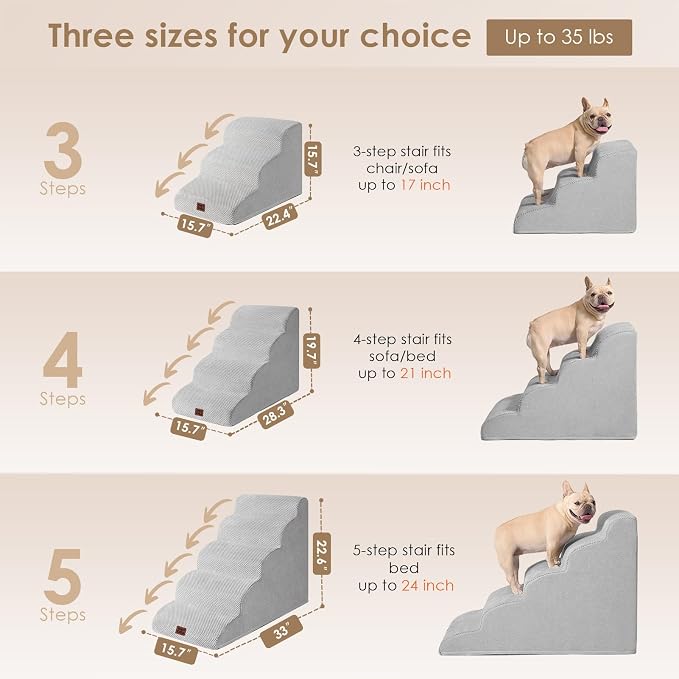 EHEYCIGA Curved Dog Stairs Ramp for Small Dogs 15.7" H, 3-Step Dog Steps for Couch Sofa and Chair, Pet Stairs for Cats, Non-Slip Balanced Pet Steps Indoor, Light Grey