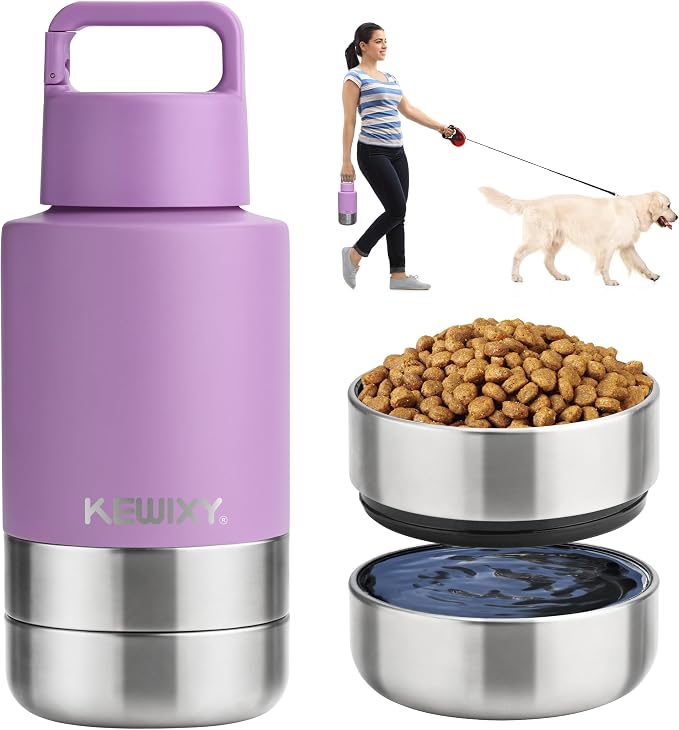 KEWIXY Insulated Dog Travel Water Bottle with Detachable Bowls, 32oz, Lavender