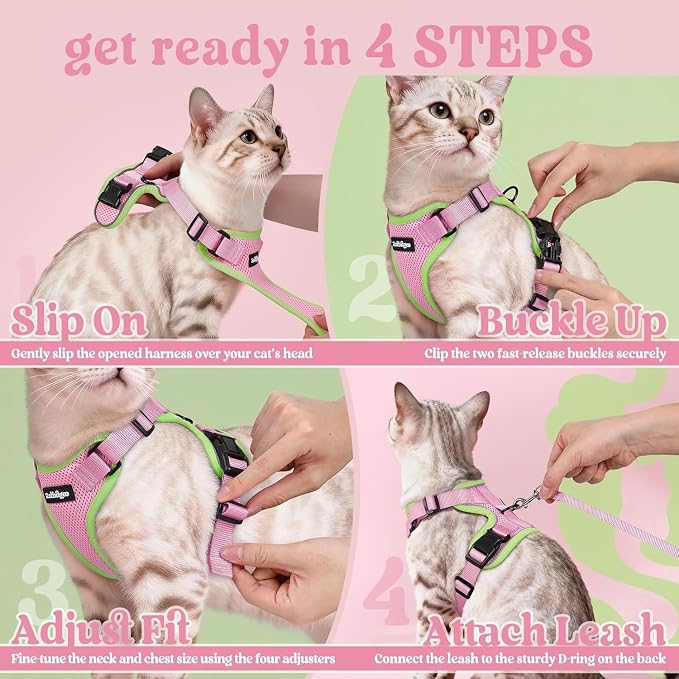 rabbitgoo Cat Harness and Leash Set, Escape Proof Vest, Pink & Light Green | Soft Breathable Mesh, Easy Adjustable Fit, Snap Buckles, Sturdy Clip, Reflective Strips, for Average Cats Walks, S