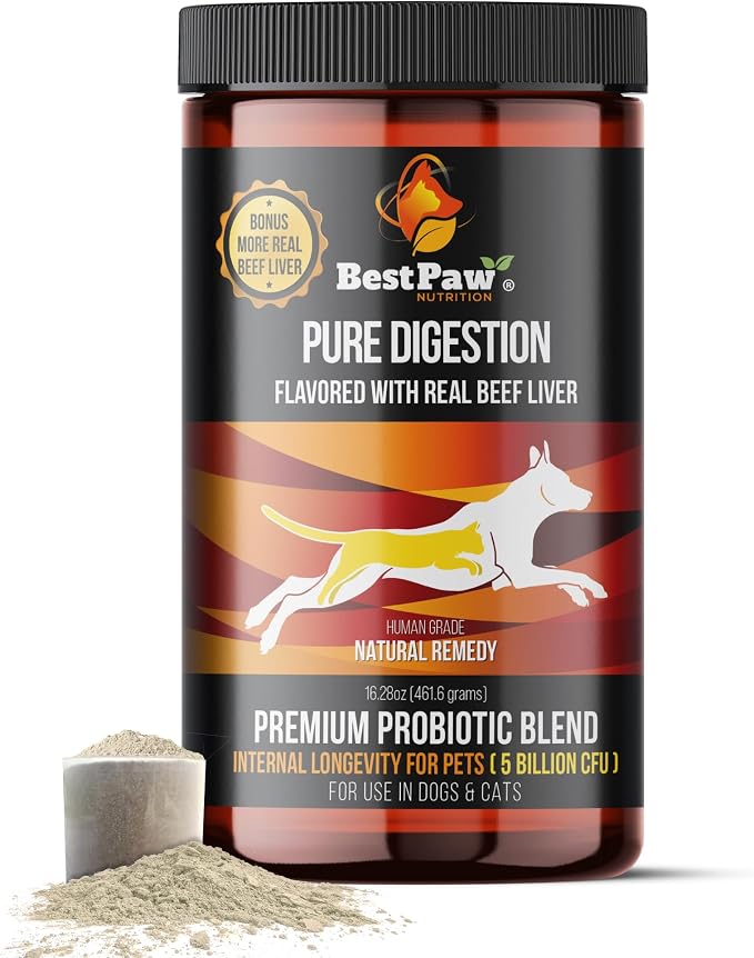 Probiotics for Dogs | Digestive Enzymes and Probiotics Powder | Beef Liver Flavor | Pumpkin, Turmeric and Prebiotic FOS | Gut Health Food Topper for Dogs and Cats | 16oz