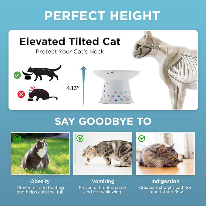 Necoichi Raised Cat Food Bowl Ceramic Elevated Cat Bowl for Whisker & Neck Fatigue, Dishwasher Microwave Safe Non-Slip & Anti Vomiting Ergonomic Design (Colorful Dots, Extra Wide, 2-Cups Capacity)