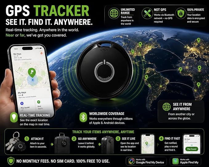 Smart Tag for Android & iPhone, Bluetooth Tracker Works with Google Find My Device & Apple Find My, GPS Item Finder for Keys, Wallet, Luggage & Pets, Loud Alarm, Replaceable Battery by DadoWorld