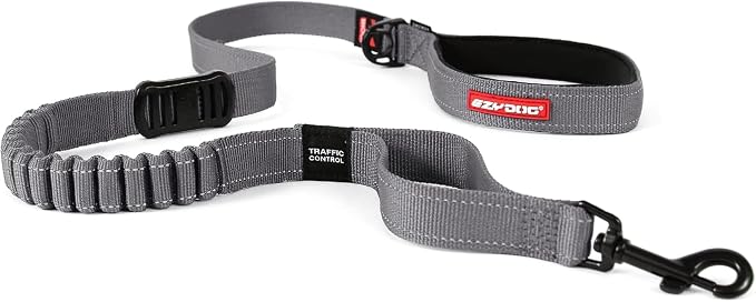 EzyDog Zero Shock - Bungee Dog Leash, Shock Absorbing - 48-Inch, Gray | Padded Neoprene Grip, Traffic Handle, Reflective Stitching, Strong for All Size Pullers, 1" Soft Touch Webbing for Durability
