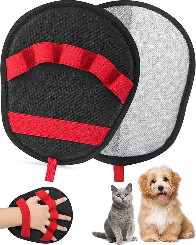 Pet Hair Removal Glove，Five-Finger Design Electrostatic Magic Brush Pet Hair Remover, Reusable Grooming Gloves, Cat & Dog Hair Tool for Carpet, Couch, Furniture and Clothing (Red)
